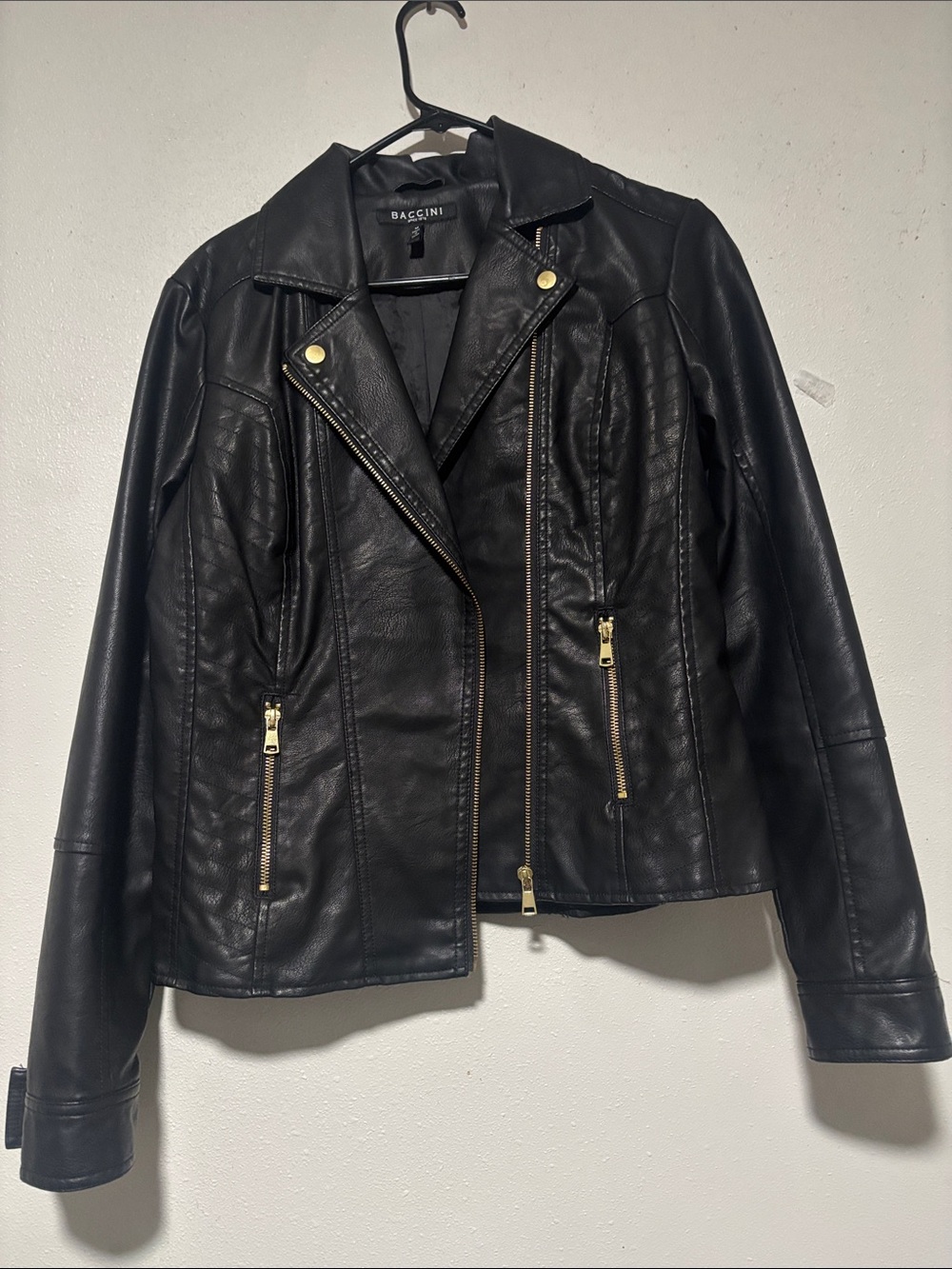 Baccini Black Faux Leather Asymmetrical Zip Jacket